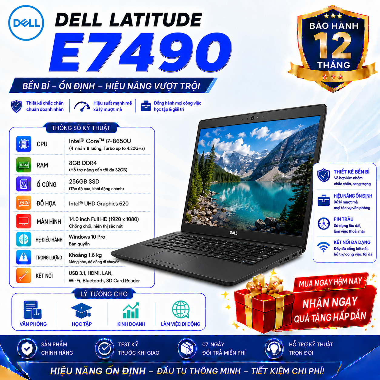Laptop Dell Latitude E7490/I7-8650U/Ram 8GB/SSD 256GB